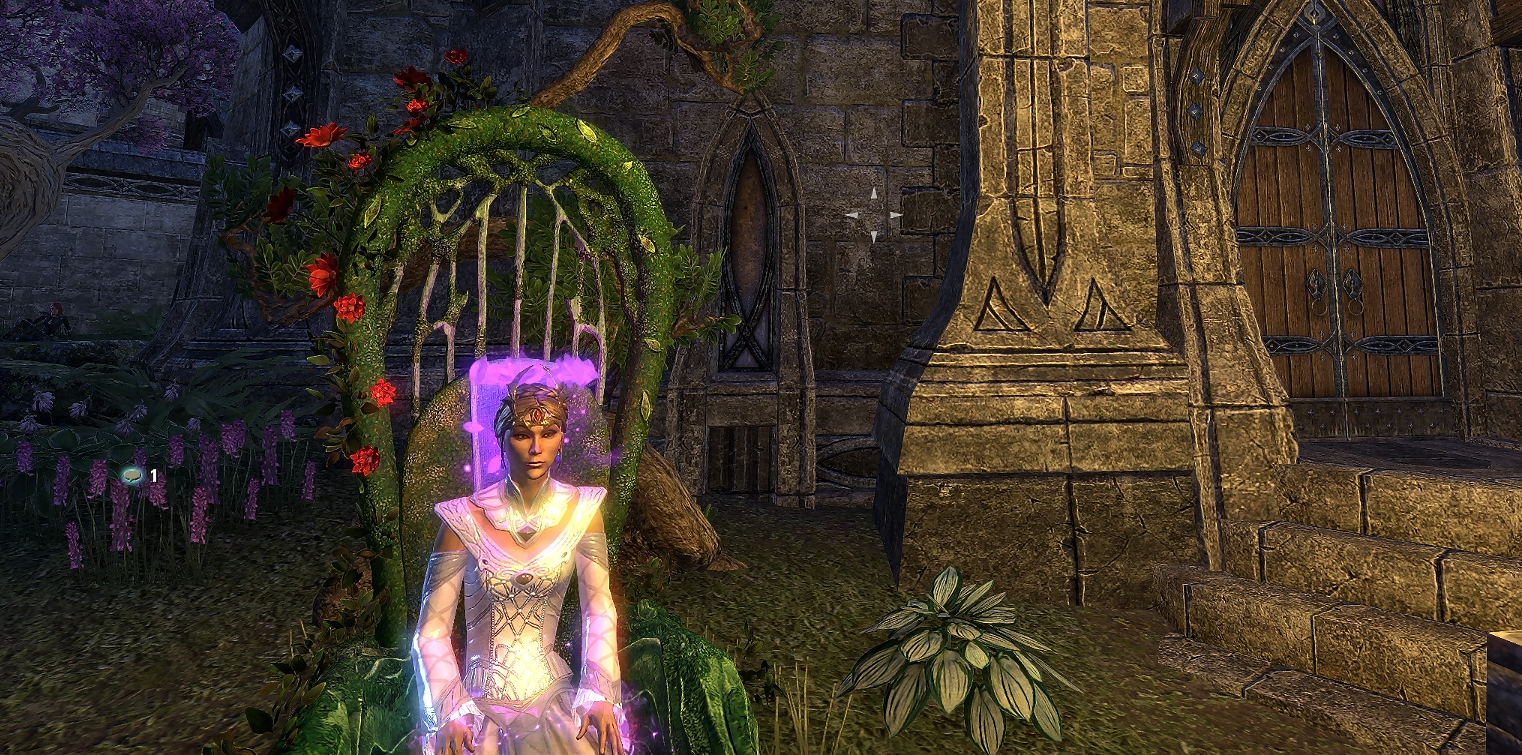 Seated under rose arbour